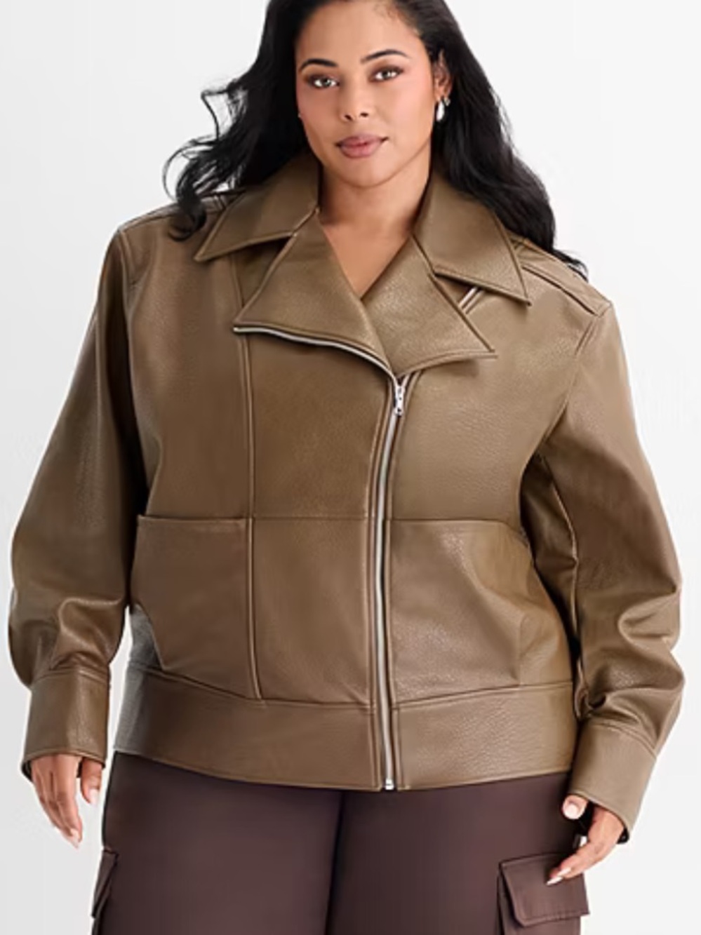 Ashley Graham Women 4X Light Brown Faux Leather Midweight Motorcycle Jacket NWT - Picture 2 of 15